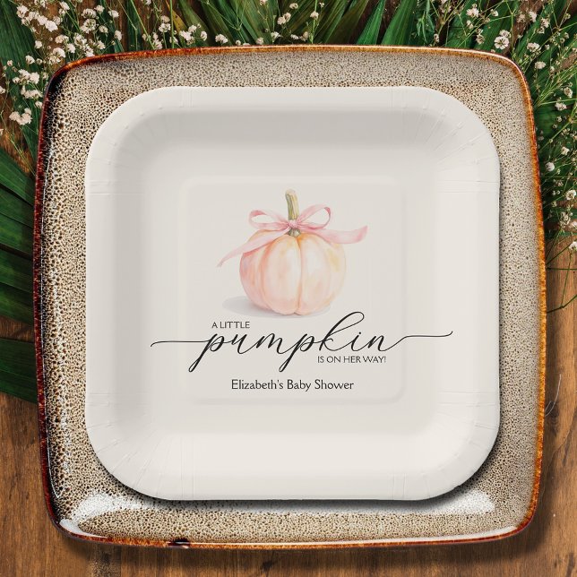 Pink Bow Little Pumpkin Baby Shower Paper Plates (Pink Bow Little Pumpkin Girl Baby Shower Square Paper Plates)