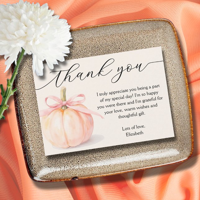 Pink Bow Little Pumpkin Baby Shower Thank You Note Card (Pink ribbon and bow little pumpkin girl baby shower flat thank you note cards)