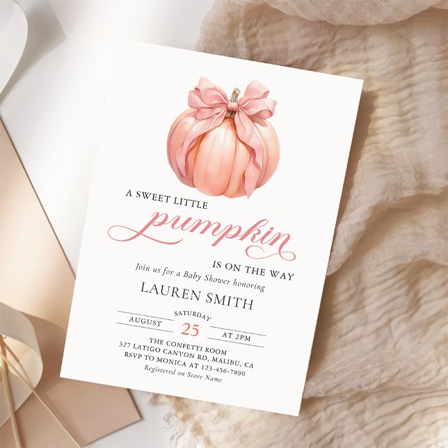Pink Bow Little Pumpkin on the Way Baby Shower Invitation (Creator Uploaded)