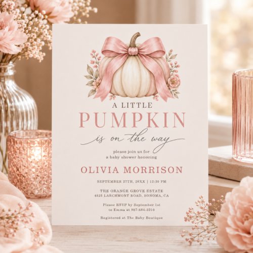 Pink Bow Little Pumpkin on the Way Baby Shower Invitation, Traditional · Pink · Baby Girl
