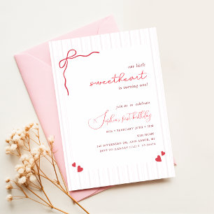 Pink Bow Little Sweetheart Baby Girl Birthday Invitation