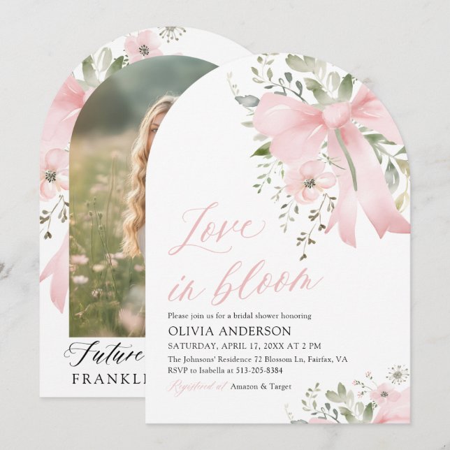Pink Bow Love in Bloom Floral Arch Bridal Shower Invitation (Front/Back)