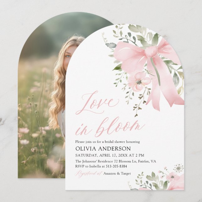Pink Bow Love in Bloom Floral Arch Bridal Shower Invitation (Front/Back)