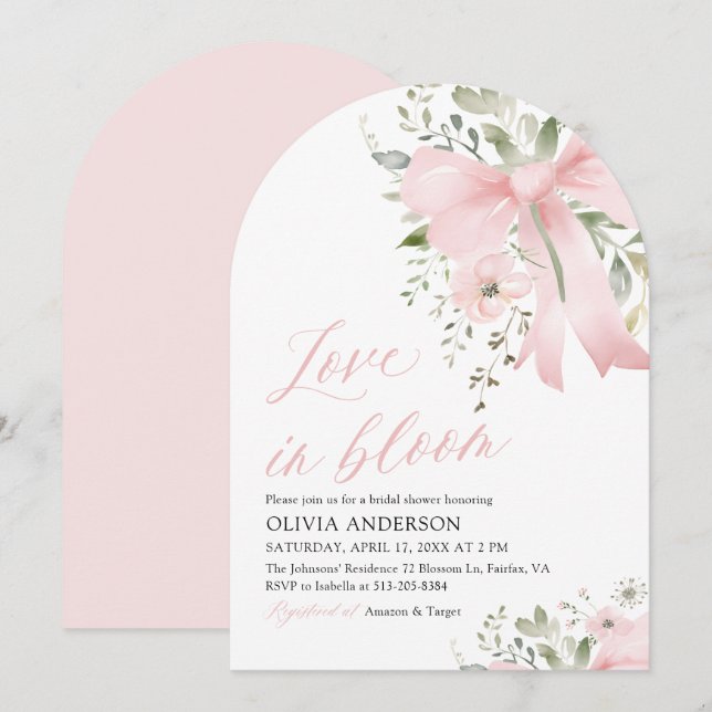 Pink Bow Love in Bloom Floral Arch Bridal Shower Invitation (Front/Back)