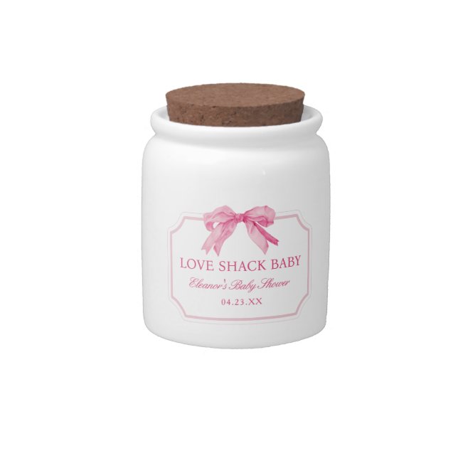 Pink Bow Love Shack Baby Shower Favors Candy Jar (Front)