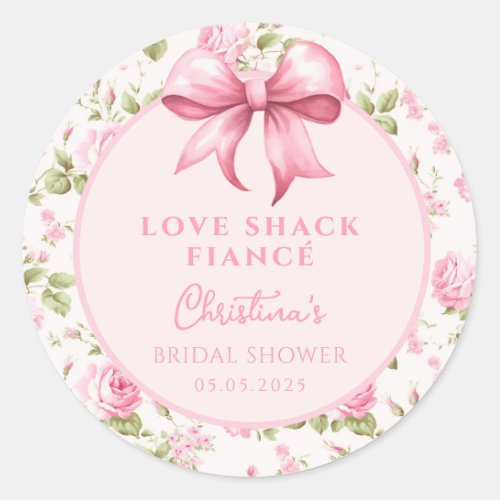 Pink Bow Love Shack Fiance Bridal Shower Classic Round Sticker