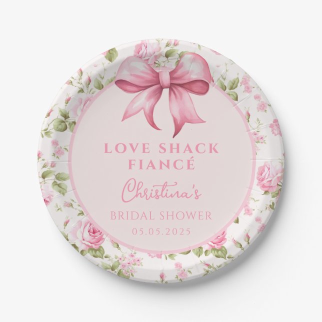 Pink Bow Love Shack Fiance Bridal Shower Paper Plates (Front)