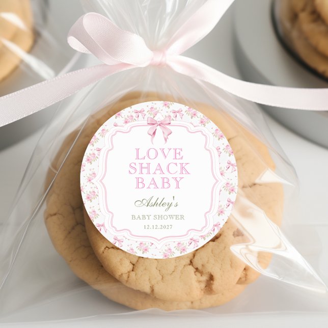 Pink Bow Love Shack Girl Baby Shower  Classic Round Sticker (Creator Uploaded)