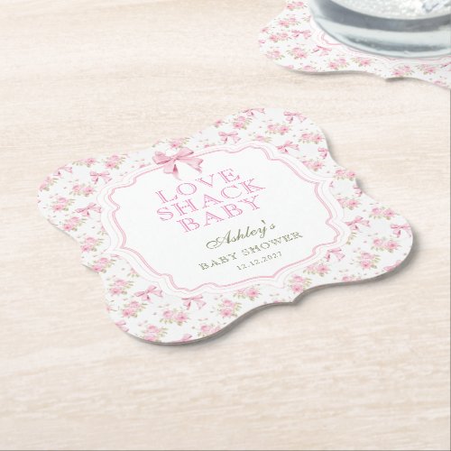 Pink Bow Love Shack Girl Baby Shower Paper Coaster
