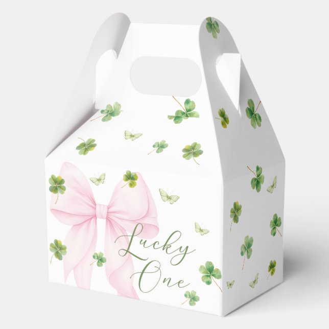 Pink Bow Lucky One 1st Birthday Favor Boxes (Front)
