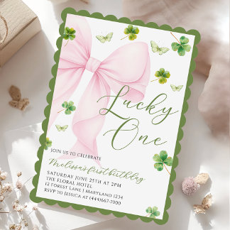 Pink Bow Lucky One Shamrock Clover 1st Birthday Invitation