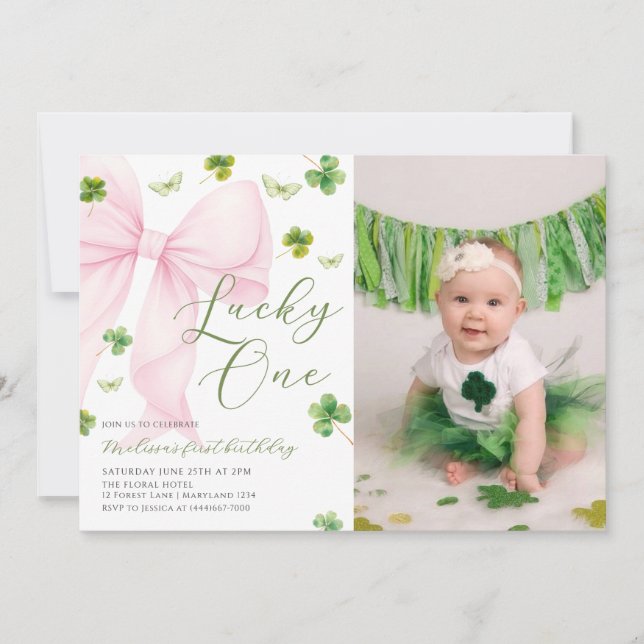 Pink Bow Lucky One Shamrock Clover 1st Birthday    Invitation (Front)