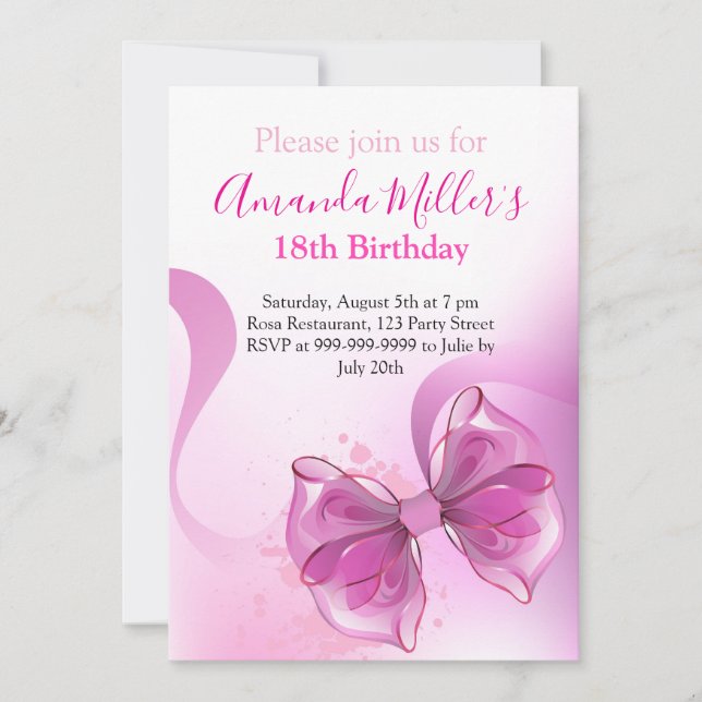 Pink bow luxury birthday magnetic invitation (Front)