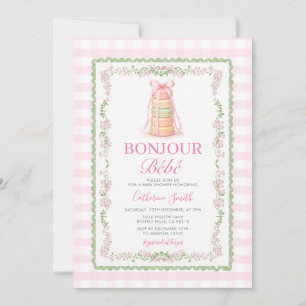 Pink Bow Macaron Bonjour Bébé French Baby Shower Invitation