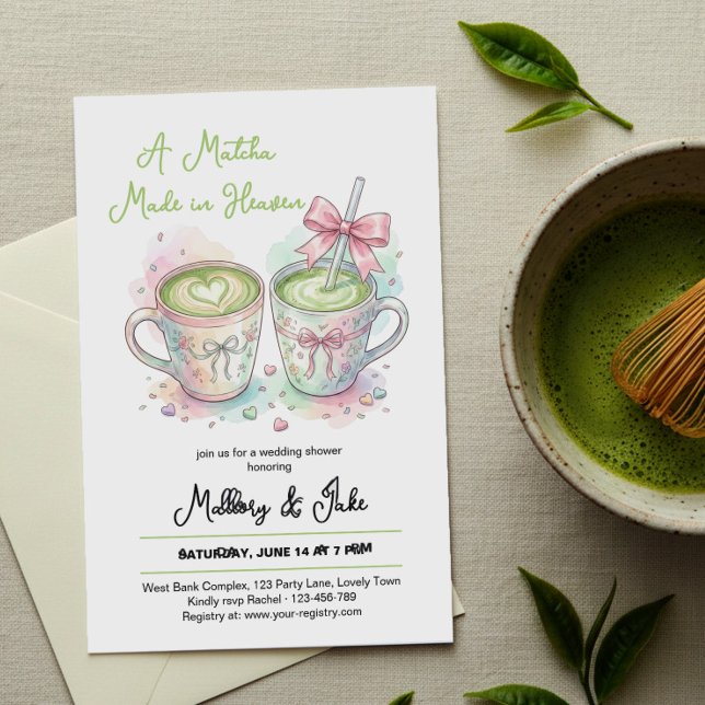 Pink Bow Matcha Made in Heaven Wedding Shower Invitation (Available to order professionally printed or as an instant digital download to print or share.)