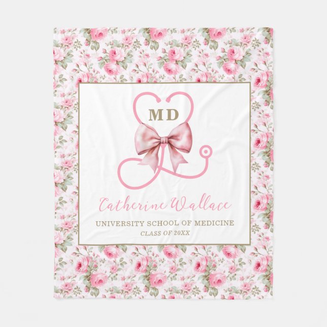 Pink Bow Med School Graduation Fleece Blanket (Front)
