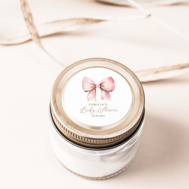 Pink Bow Minimalist Girl Baby Shower  Classic Round Sticker (Creator Uploaded)