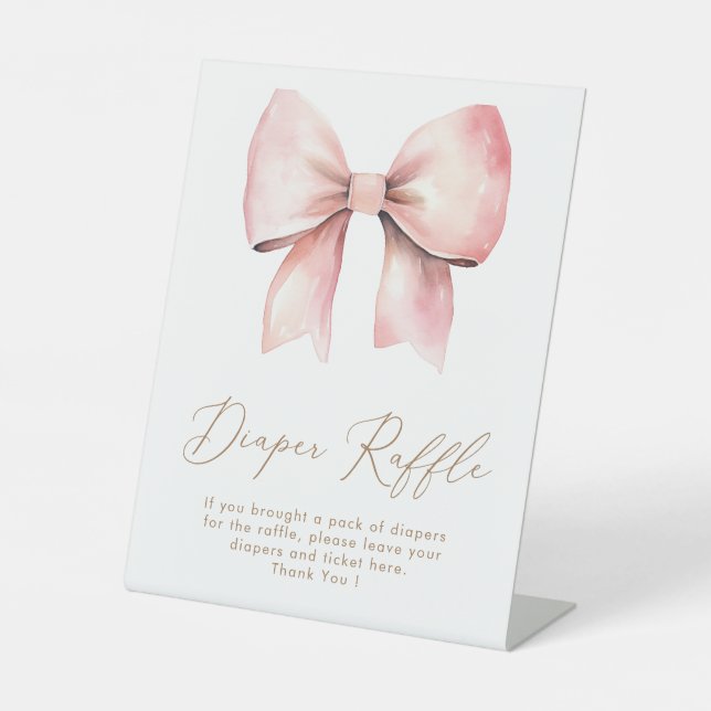 Pink Bow Minimalist Girl Baby Shower Diaper Raffle Pedestal Sign (Front)