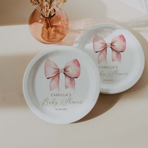 Pink Bow Minimalist Girl Baby Shower Paper Plates