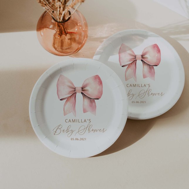 Pink Bow Minimalist Girl Baby Shower Paper Plates (Creator Uploaded)