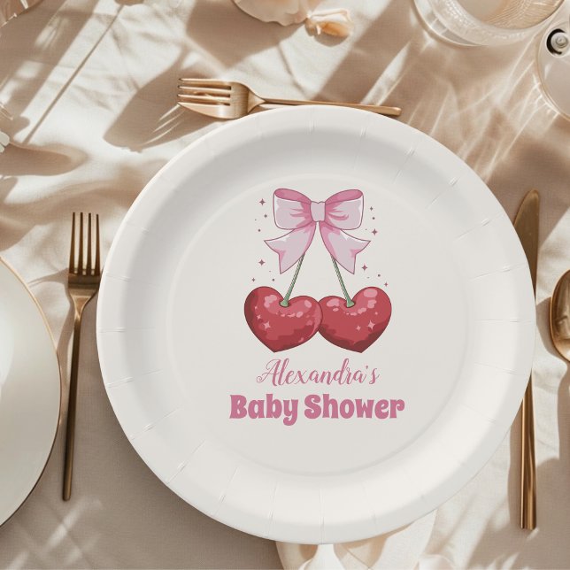 Pink Bow Minimalist Girl Baby Shower Paper Plates (Creator Uploaded)