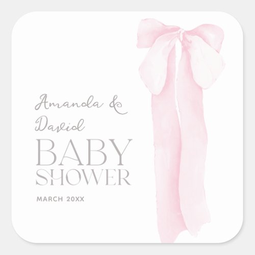 Pink Bow Minimalist Girl Baby Shower  Square Sticker