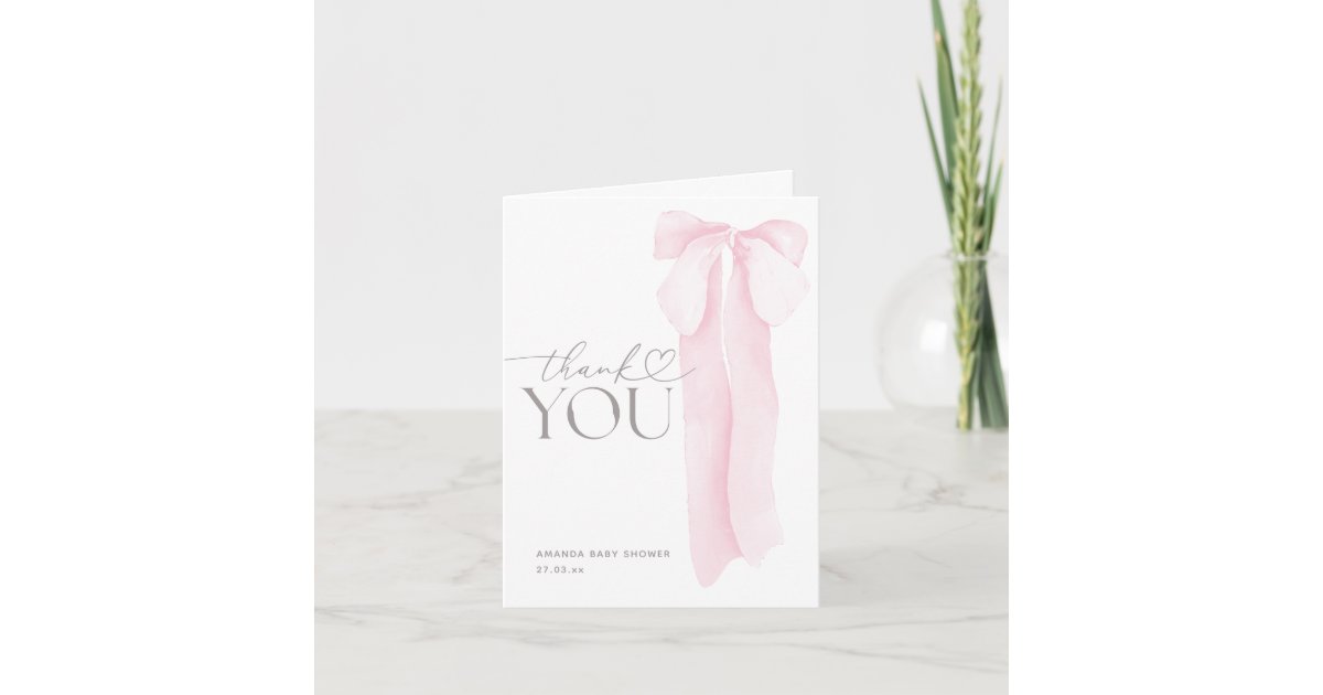 Pink Bow Minimalist Girl Baby Shower Thank You Card | Zazzle