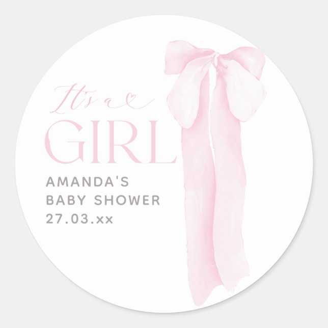Pink Bow Minimalist It's a Girl Baby Shower Classic Round Sticker (Front)
