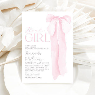 Pink Bow Minimalist It's a Girl Baby Shower Invitation