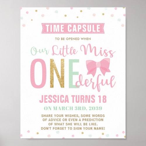 Pink Bow Miss ONEderful Birthday Time Capsule Sign