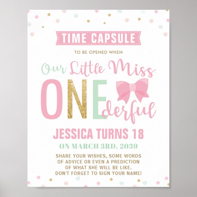 Pink Bow Miss ONEderful Birthday Time Capsule Sign (Front)