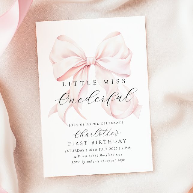 Pink Bow Miss Onederful First Birthday Invitation (Creator Uploaded)