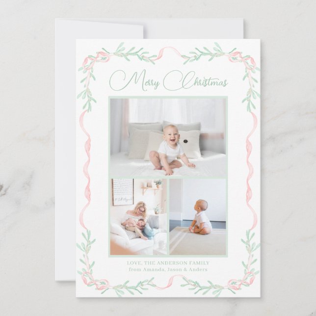 Pink Bow Mistletoe Greenery Christmas Three Photos Holiday Card (Front)