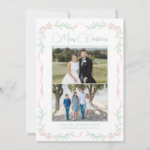 Pink Bow Mistletoe Greenery Christmas Two Photos Holiday Card