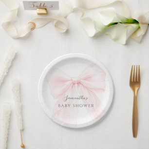 Pink Bow Modern Baby Shower Girl Paper Plates