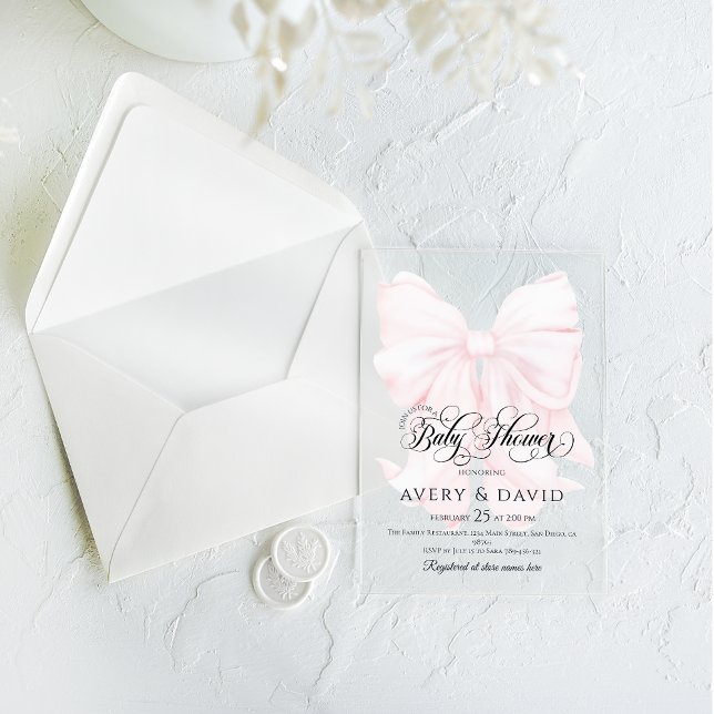 Pink Bow Modern Elegant Girl Baby Shower Acrylic Invitations (Creator Uploaded)