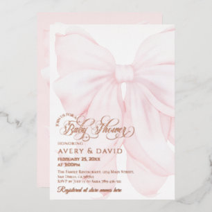 Pink Bow Modern Elegant Girl Baby Shower Foil Invitation