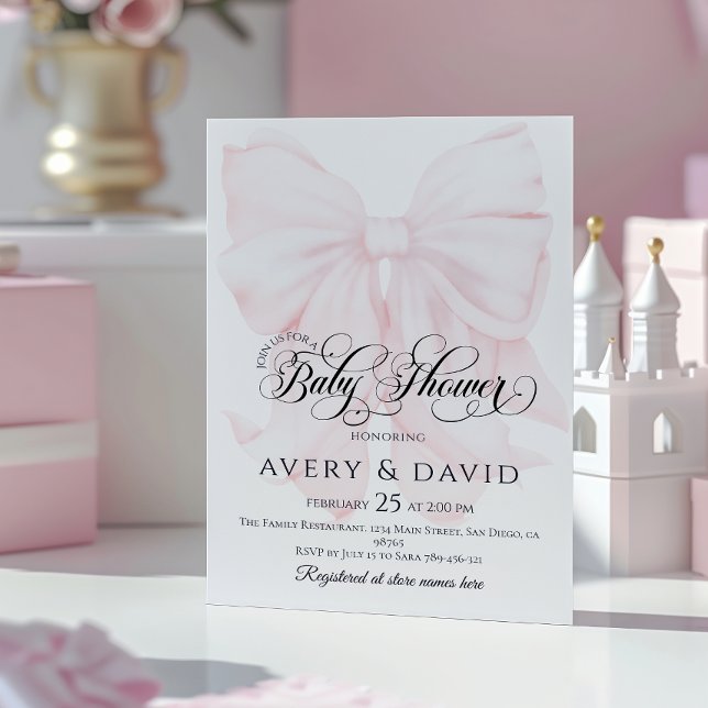 Pink Bow Modern Elegant Girl Baby Shower Invitation (Creator Uploaded)
