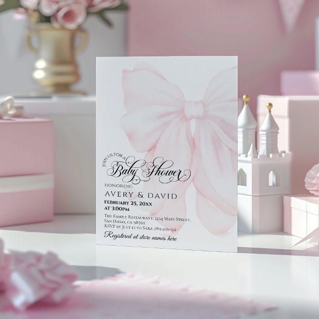 Pink Bow Modern Elegant Girl Baby Shower Invitation (Creator Uploaded)