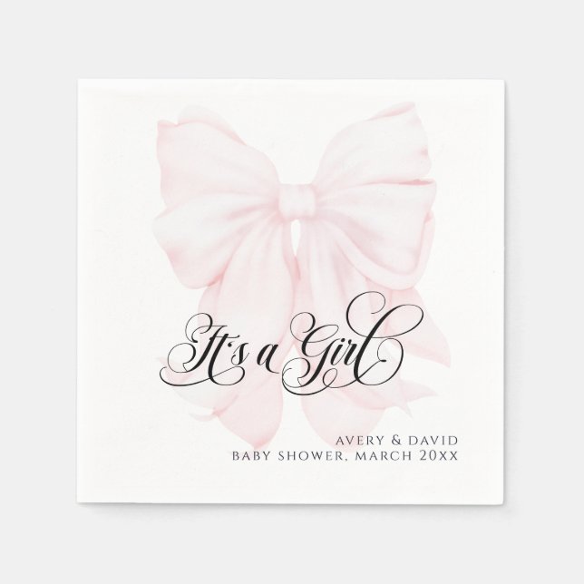 Pink Bow Modern Elegant Girl Baby Shower Napkins (Front)
