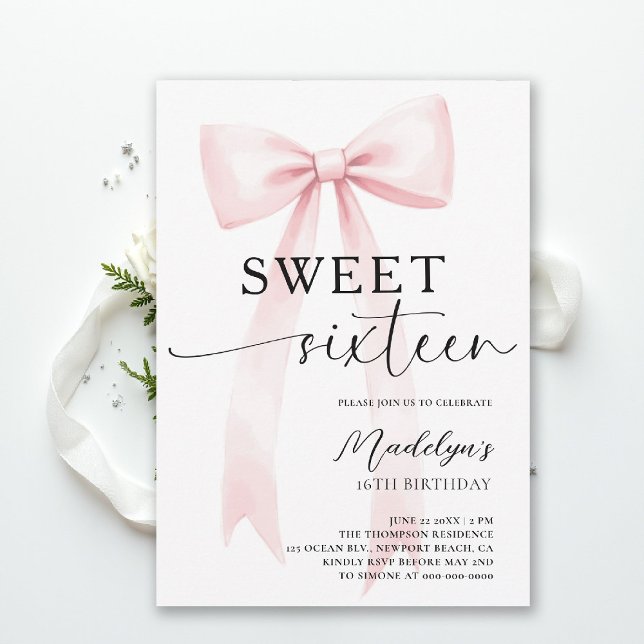 Pink Bow Modern Elegant Simple Chic Sweet 16 Invitation (sweet sixteen birthday party invitation pink bold bow simple classy script trendy fashion teen)