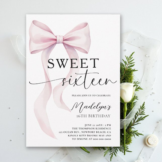 Pink Bow Modern Elegant Simple Classy Sweet 16 Invitation (sweet sixteen birthday party invitation pink bow simple classy script trendy fashion teen)