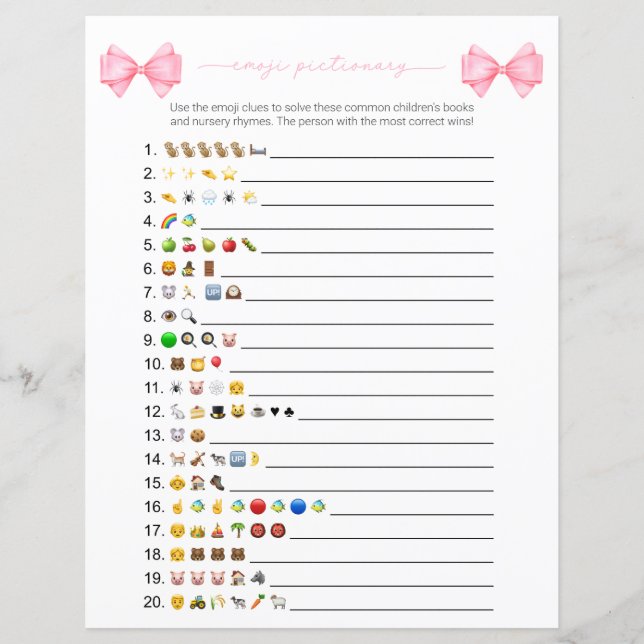 Pink Bow Modern Emoji Books Baby Shower Game (Front)