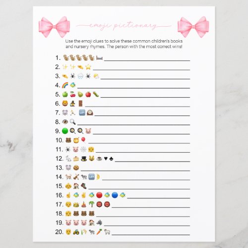 Pink Bow Modern Emoji Books Baby Shower Game