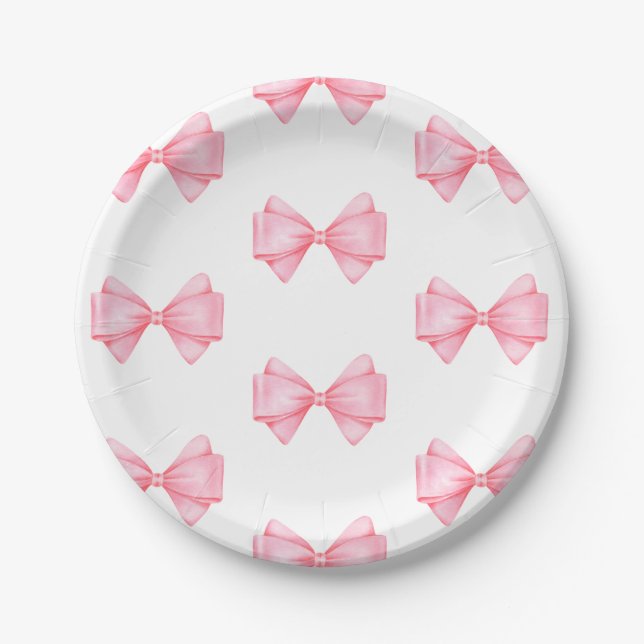 Pink Bow Modern Girl Baby Shower Paper Plates (Front)
