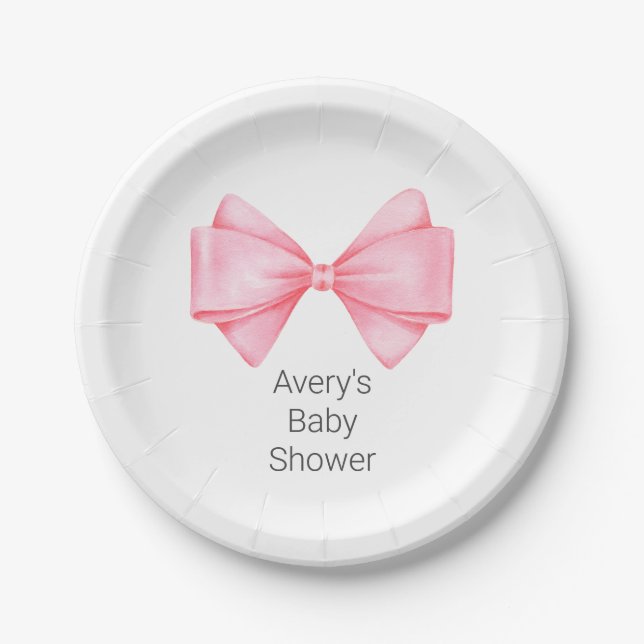 Pink Bow Modern Girl Baby Shower Paper Plates (Front)