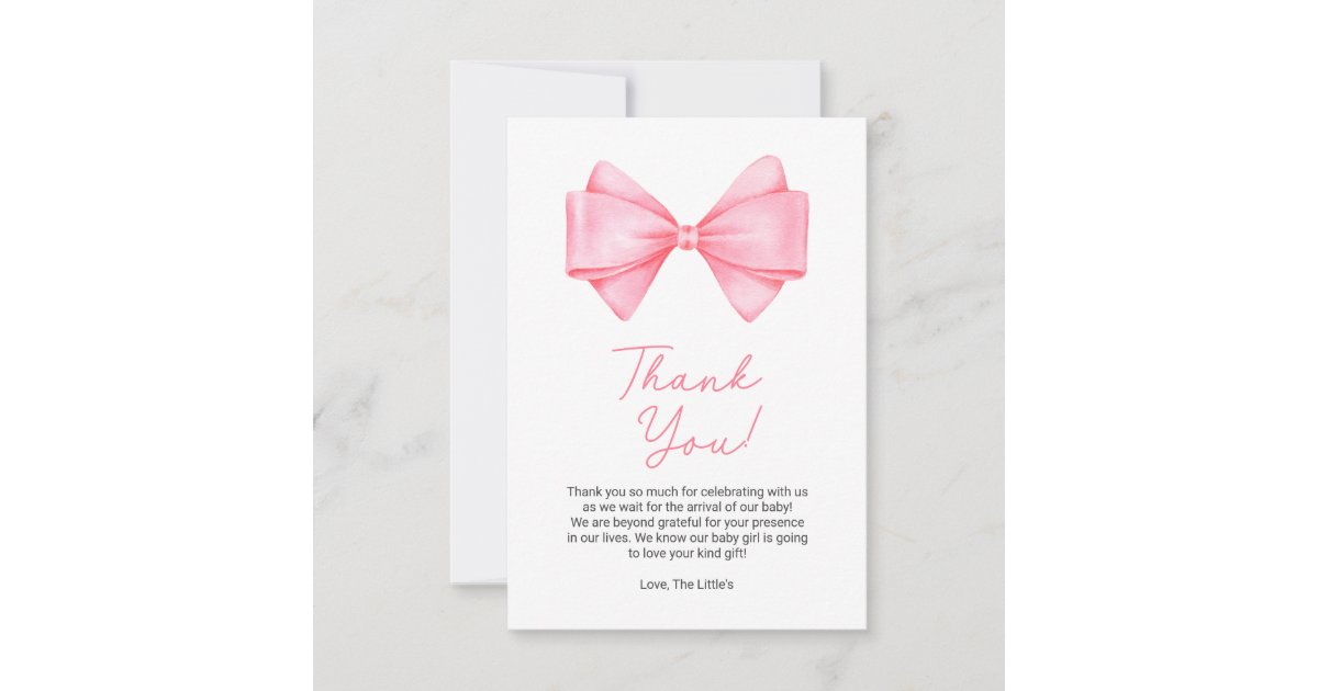Pink Bow Modern Girl Baby Shower Thank You Card | Zazzle