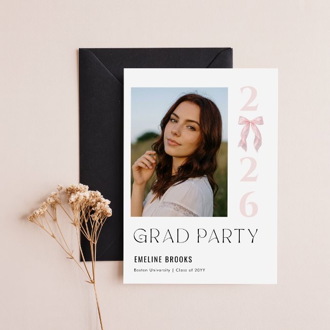 Pink Bow Modern Photo Graduation Announcement Postcard (Creator Uploaded)