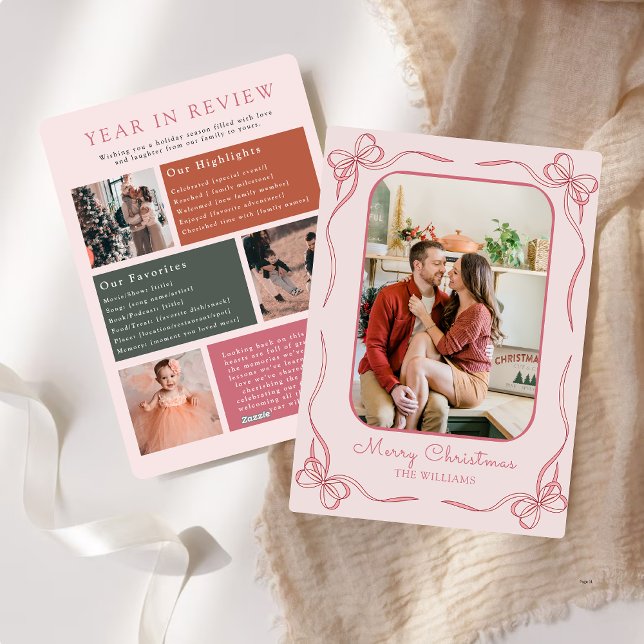 Pink Bow Modern Year In Review Family Photo Holiday Card (Creator Uploaded)