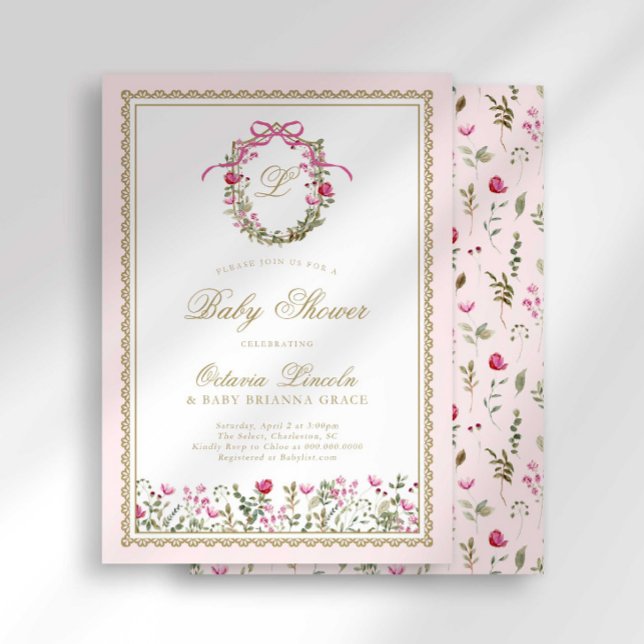 Pink Bow Monogram Baby in Bloom Shower Invitation (Creator Uploaded)